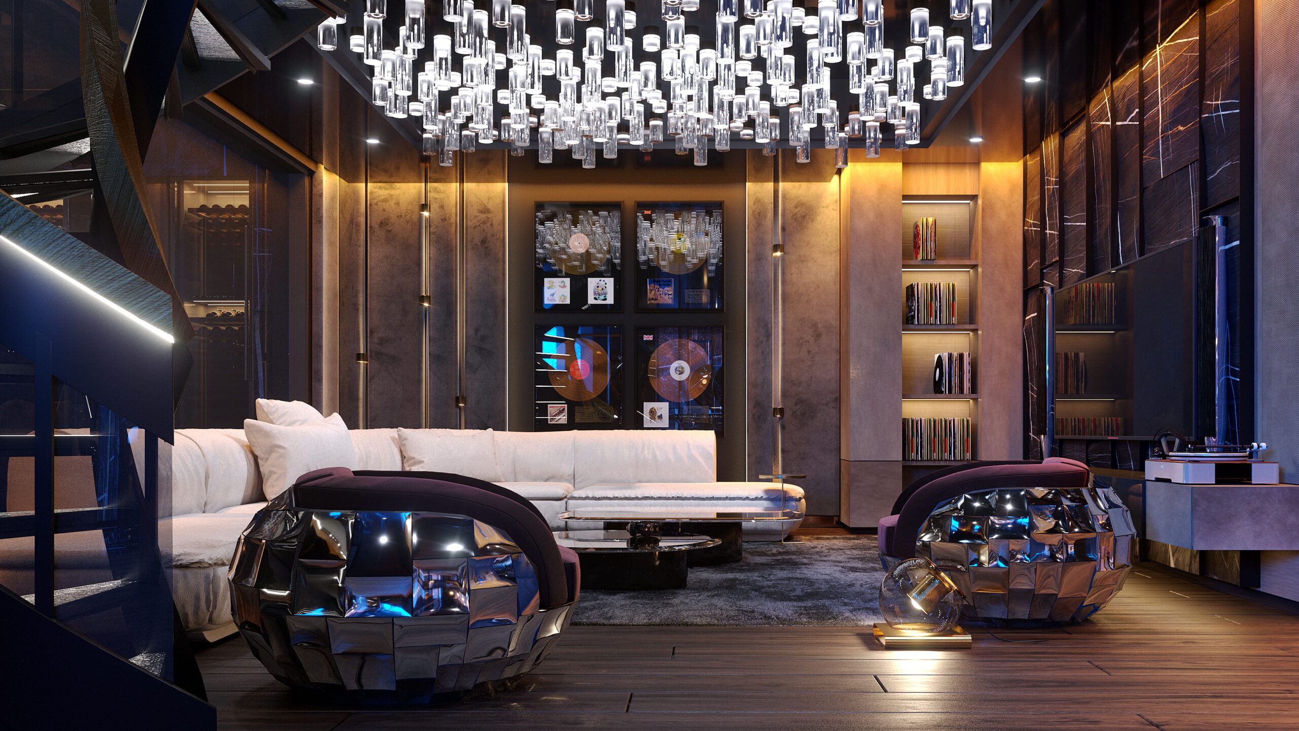 Luxury basement lounge in a UAE villa featuring a wine display, custom lighting, and premium entertainment space design.