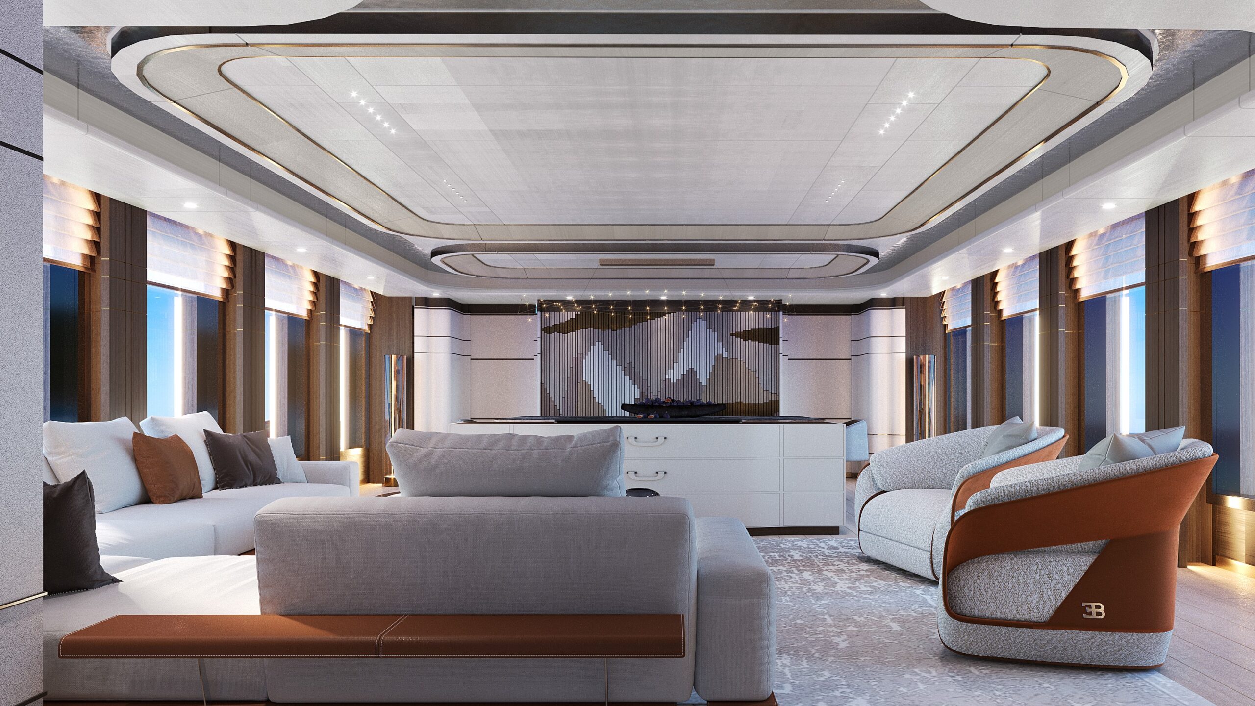 Luxury superyacht refit project showing a spacious main saloon with custom ceiling architecture and panoramic windows.