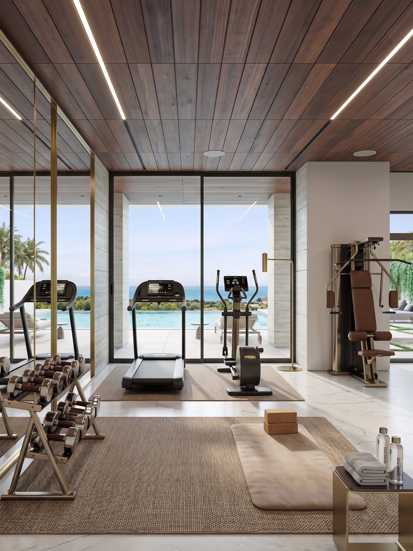 Private villa gym with sea views, fitness equipment and floor-to-ceiling glazing